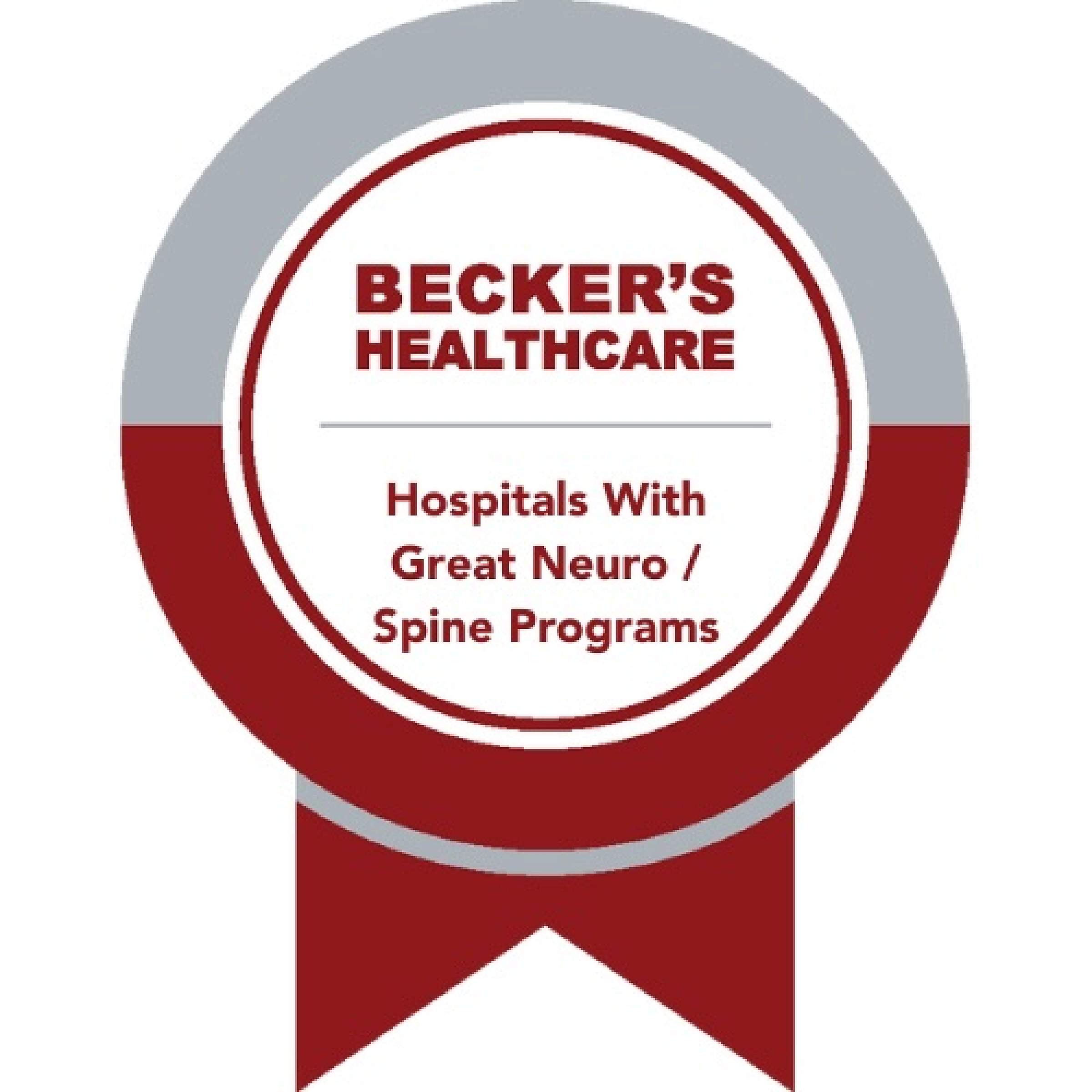Gray and maroon badge emblem that says Becker's Healthcare Hospitals with Great Neuro and Spine Programs