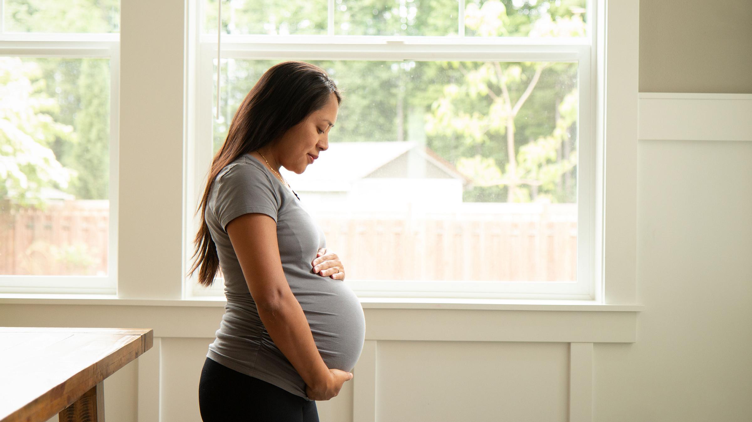 Pregnant woman with medium-toned skin and long brown hair holds her pregnant belly while standing next to a window.